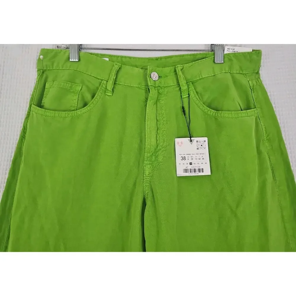 ZARA ~Woman Size 6(US)~ Apple Green Mid-Rise Linen Blend Wide Leg Pants NWT.